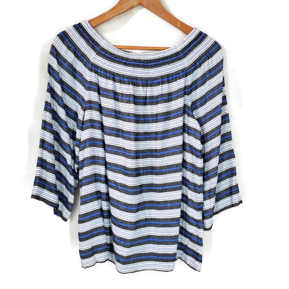 J.Jill Striped Blue and White Women's Top Sz M Peasant Top Linen Beachy Vacation